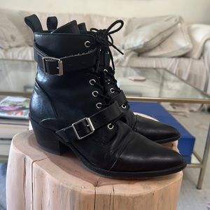 All Saints Katy Lace Up heeled leather boot with buckle, size EU 38